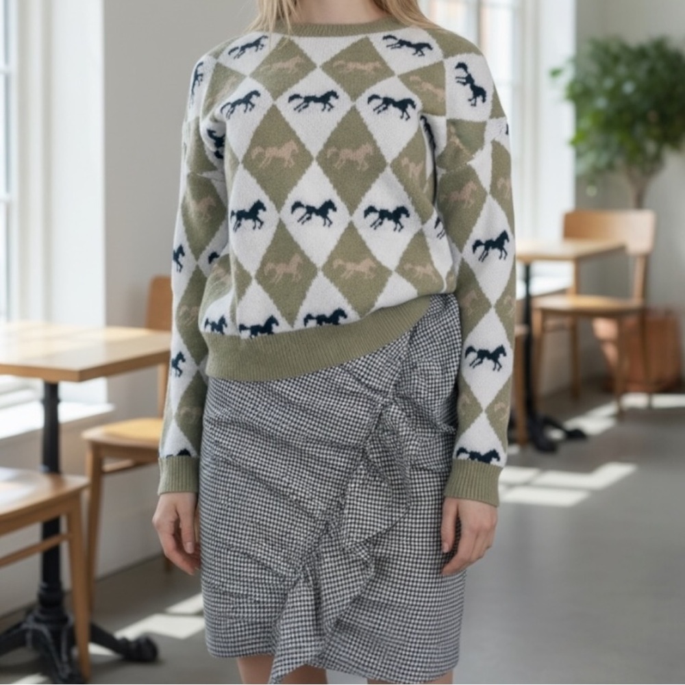 Harlequin Equestrian Print Pullover Sweater SZ S